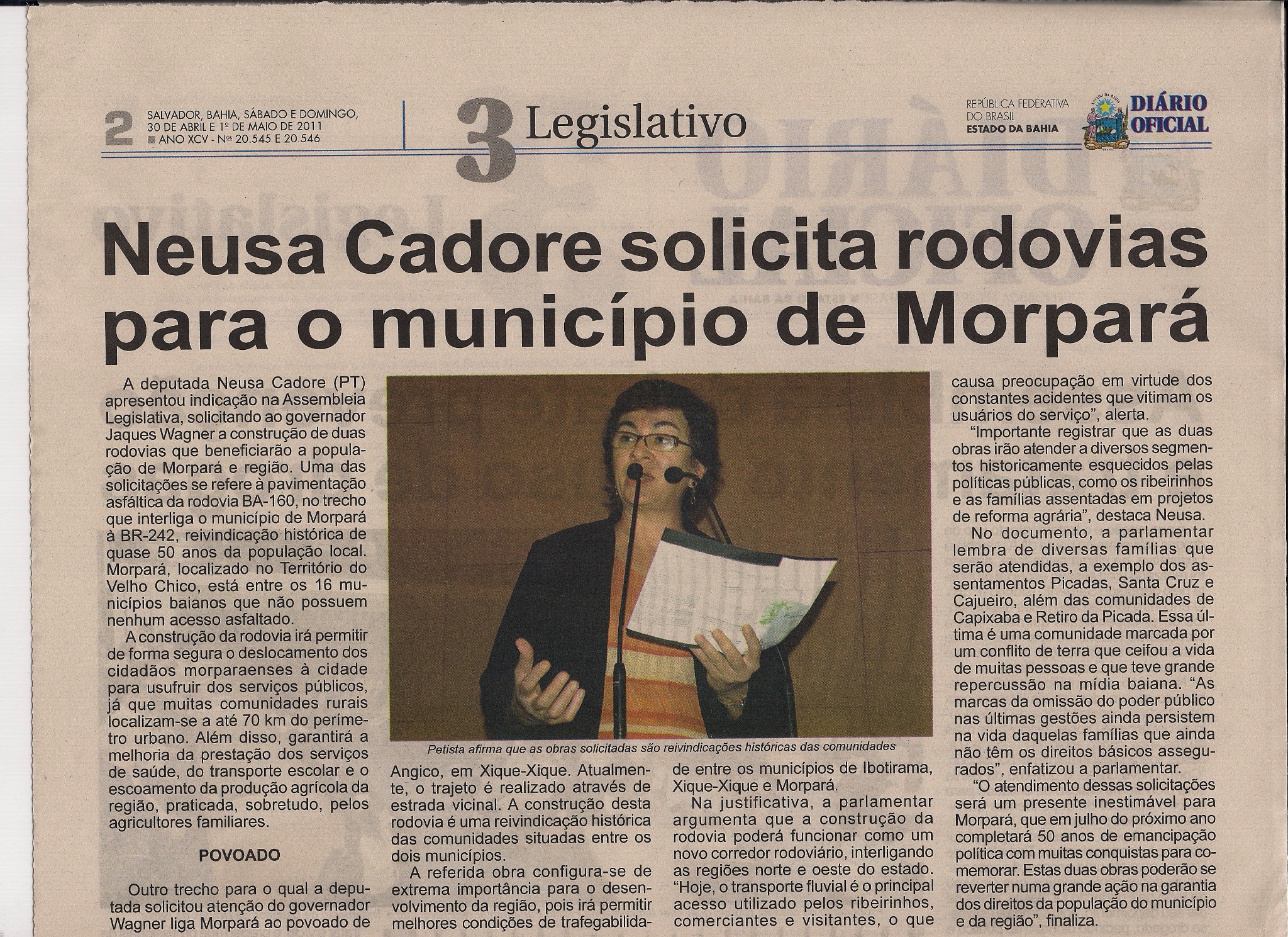 Página do Diário Oficial de 2011 sobre a solicitação de rodovias para Morpará